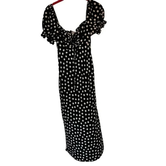 Topshop Black Scoop Neck Short Puff Sleeve Polka Dot Dress Size 4 midi - Picture 3 of 5